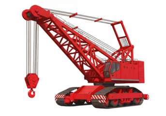 A red crane on a black backdrop featuring a tracked base and a tall latticestructured boom
