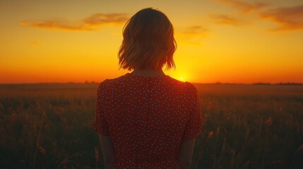 Golden Hour Serenity: Woman Silhouetted Against a Sunset in a Wheat Field