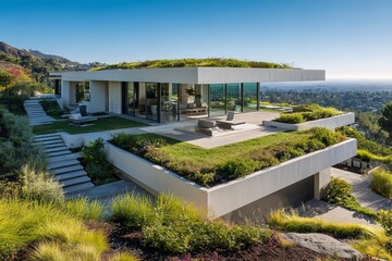 Fototapeta premium Modern Eco-Friendly Building with Green Roof and Concrete Architecture under Clear Blue Sky for Sustainable Living Design