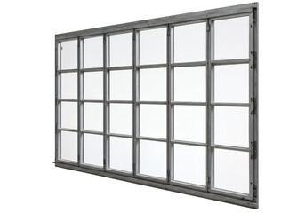 Window pane A multipaned metal frame with clear glass panes is presented against a black backdrop