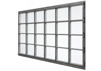 Window pane A multipaned metal frame with clear glass panes is presented against a black backdrop