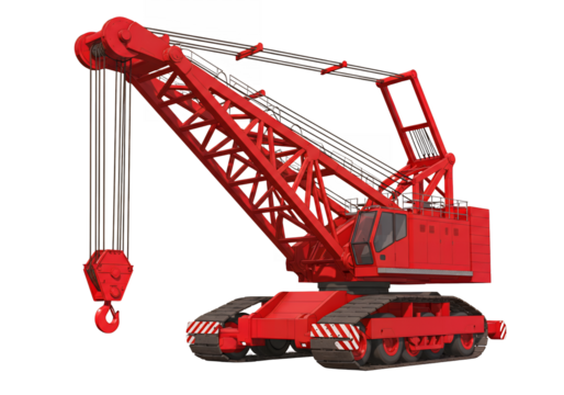 A red crane on a black backdrop featuring a tracked base and a tall latticestructured boom
