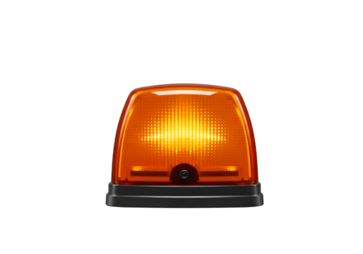A lit orange beacon with a black base centered against a dark background
