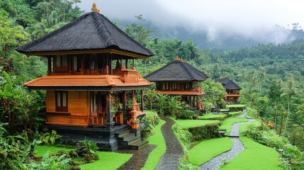 Serene Balinese Retreat: Lush Greenery and Tranquil Wooden Villas
