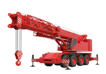 Red mobile construction crane with extended boom and hanging hook, isolated on white background, heavy machinery equipment, industrial transport, high-resolution stock image