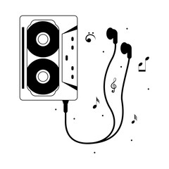 Abstract Hand Drawn Classic Tape Old Cassette Doodle Concept Vector Design Outline Style On White Background Isolated Outline Music, Sound, Audio, Relax