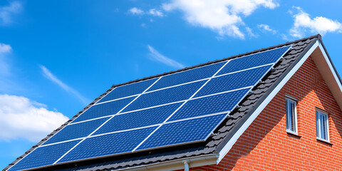 Fototapeta premium Solar panels array atop a roof under a bright blue sky. Clean energy, modern home. Sustainability in action. Eco-friendly living. Alternative power generation.