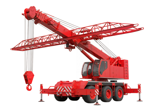 Red crane long boom hook wheels outriggers on black background