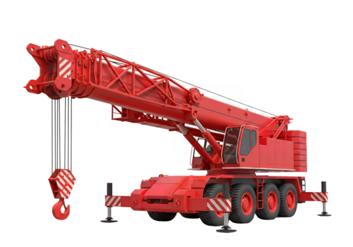Red mobile construction crane with extended boom and hanging hook, isolated on white background, heavy machinery equipment, industrial transport, high-resolution stock image