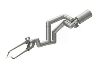 Metallic pipe apparatus with pincerlike end articulated sections and a cylindrical component all against a black background