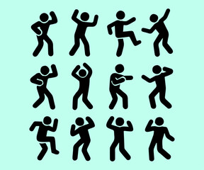 Pack of vector silhouettes of dancing man, icon set of dancing man