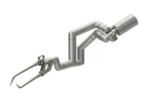 Metallic pipe apparatus with pincerlike end articulated sections and a cylindrical component all against a black background