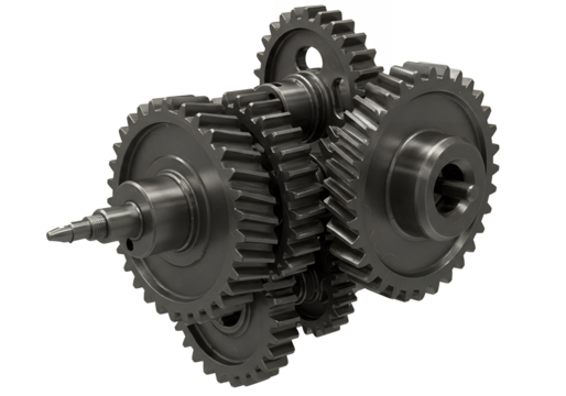 Intricate metallic gears interlock in a complex mechanical arrangement against a dark background