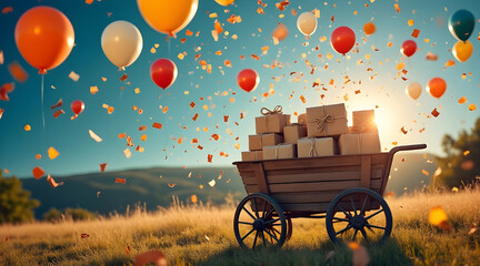 A rustic wooden cart laden with gift boxes ascends skyward amidst a festive shower of balloons and confetti