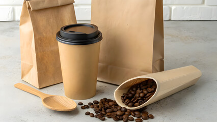 A warm cup of coffee in a disposable cup with roasted coffee beans and paper bags ready for a morning brew