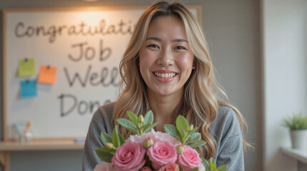 A happy Asian woman smiles while holding a bouquet of pink roses. A whiteboard in the background says "Congratulations Job Well Done".
