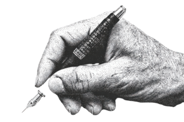 Hand Holding Vintage Fountain Pen Nib In Retro Engraving. Writing Instrument Illustration Isolated On Transparent Background