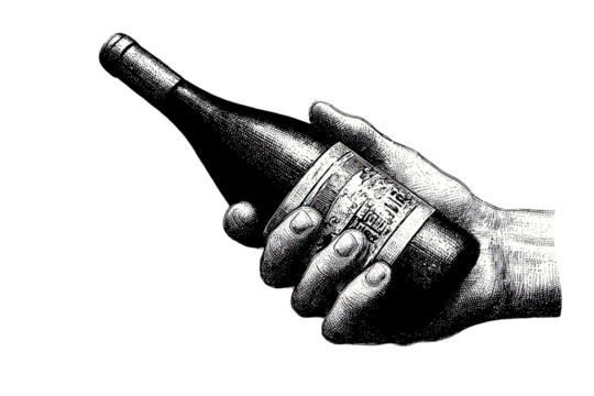 Hand Holding Wine Bottle In Vintage Engraving. Beverage Illustration Isolated On Transparent Background - Powered by Adobe