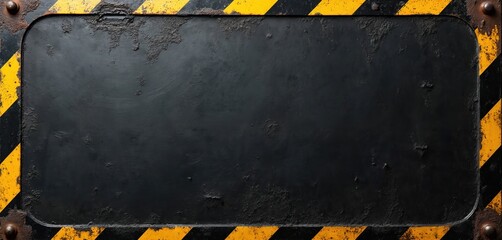 Grungy black background with weathered yellow, black hazard stripes along border. Textured surface, reminiscent of industrial construction urban concrete walls, features worn paint, rough patches,