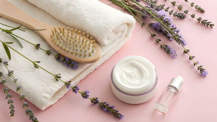 Serene spa experience with lavender a soft towel natural bristle brush and luxurious cream on a pink background
