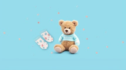 Cute Teddy Bear with Baby Booties on Blue Background , Adorable Newborn Concept

