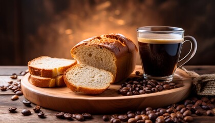 a cozy arrangement features freshly baked bread sliced on a rustic wooden board next to a cup of rich coffee surrounded by roasted coffee beans creating a warm atmosphere