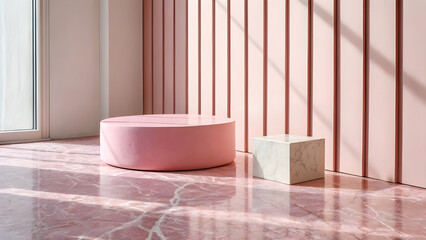 Soft pink cylindrical display pedestal and geometric cube on a marble surface with striped background