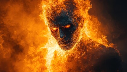 Infernal Blaze: A fiery humanoid engulfed in flames, intense gaze and dark atmosphere.