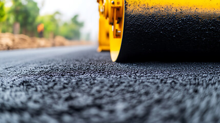 Road roller compacting new asphalt paving. Compaction is essential for creating a smooth, durable surface. Ensures long-lasting road quality.