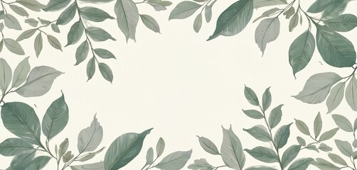 Elegant botanical illustration features delicate leaves, branches in muted green, cream tones. Subtle floral pattern for wallpaper decorative background. Organic, sophisticated design perfect for