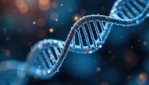 Microscopic view of human DNA double helix structure, illuminated with blue, orange lights. Molecule exhibits wet, textured surface with sparkling particles, suggesting scientific research genetic