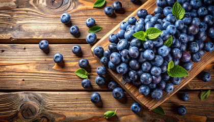 Overhead shot of ripe blueberries scattered casually on a rustic wooden table 