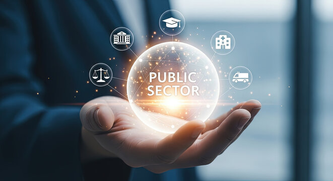 Public Sector Services Concept: Hand Holding Sphere with Government, Education, Healthcare, and Justice Icons. Modern Digital Transformation.
