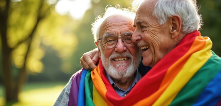 Two elderly men embrace warmly outdoors, draped in rainbow LGBTQ pride flag. Both men smiling joyfully, reflecting happiness, enduring love. Background shows green park setting with soft sunlight,
