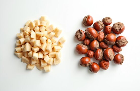 Pile of chopped hazelnuts next to whole hazelnuts on white surface. Natural ingredients for healthy eating, baking, and culinary preparation. Offer protein, fiber, crunchy texture.