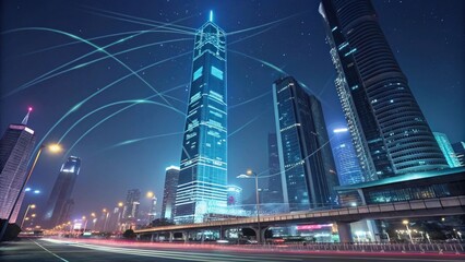  Cyberpunk Cityscape with Futuristic Skyscraper and Digital Light Trails at Night