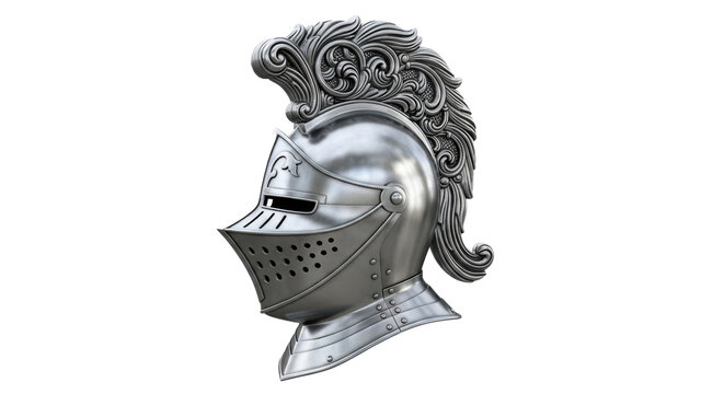 A shiny metal knight's helmet with decorative plume on a black background displayed in a side view angle