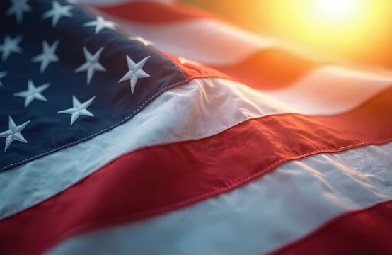 Close-up of United States flag waves with digital data overlay against sun. Red, white, blue fabric displays stars, stripes, national pride, patriotism. Technology, finance themes evident.