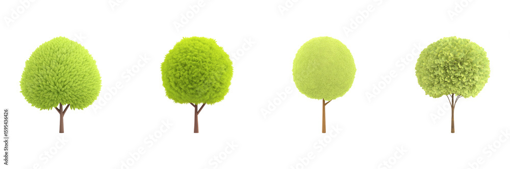 Poster four stylized green trees set. nature and environmental design collection isolated on transparent ba