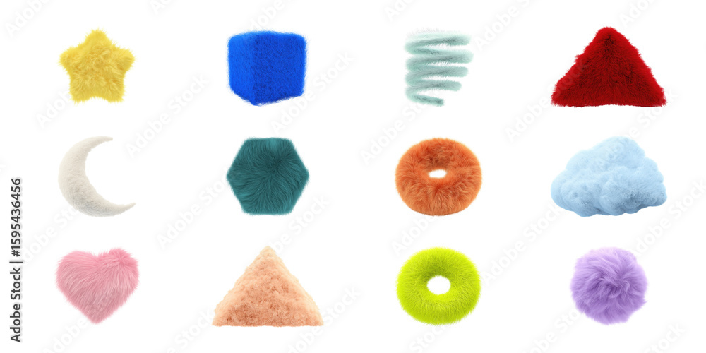 Poster furry geometric shapes set. colorful textured objects collection isolated on transparent background