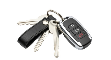 A close up shot of a car key and other keys attached to a keyring with a black leather strap