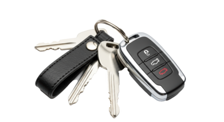 A close up shot of a car key and other keys attached to a keyring with a black leather strap