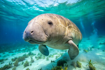 Gentle dugong swims in clear blue ocean water manatee