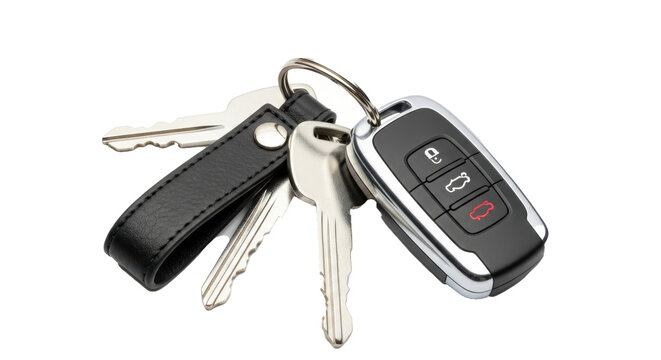 A close up shot of a car key and other keys attached to a keyring with a black leather strap