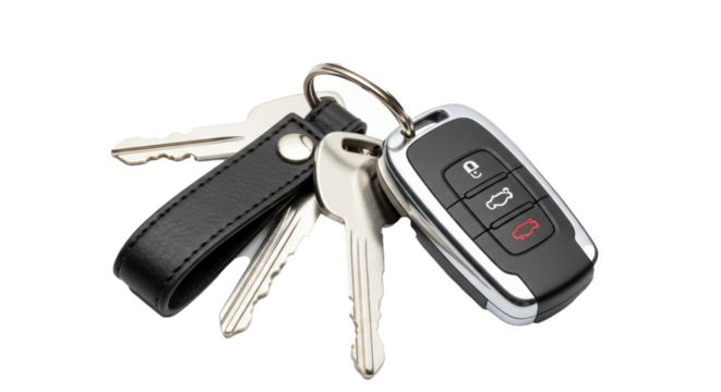 A close up shot of a car key and other keys attached to a keyring with a black leather strap