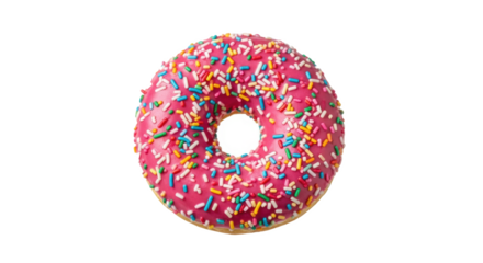 A single donut with pink frosting and colorful sprinkles on a black background in a studio shot view