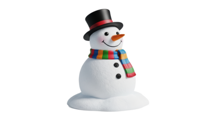 A melting snowman with a black top hat and colorful scarf on a black background in a studio shot