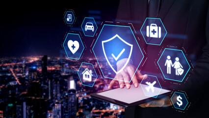 Security and insurance concept showing protection coverage for health, travel, home, car, life, and...