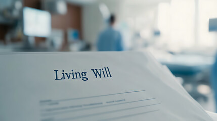 Living Will document in a hospital setting, emphasizing healthcare decisions and end-of-life planning. Advance directive for medical care.