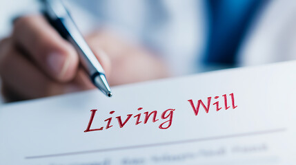 Close-up on a person signing a 'Living Will' document with a pen. Estate planning, healthcare decisions, and advance directives concept.